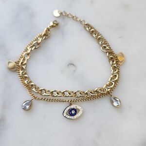 Stainless Steel Evil Eye Bracelet with Blue Accents